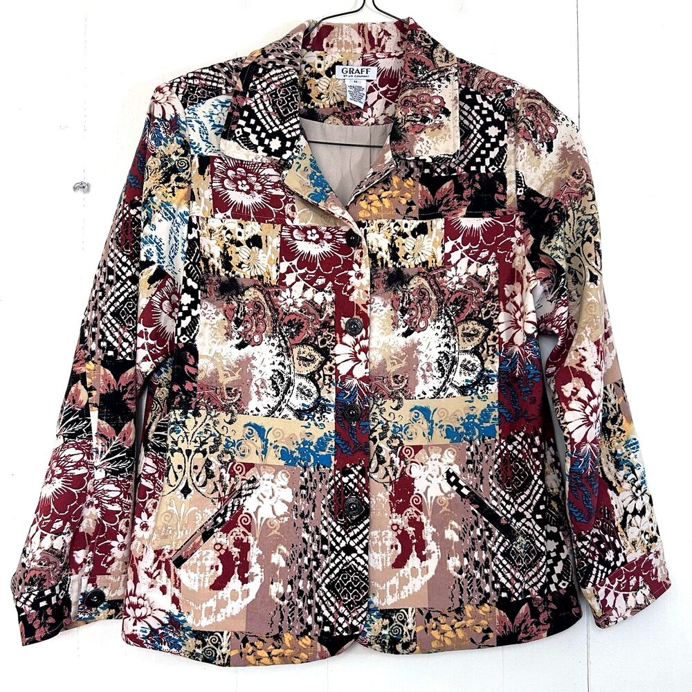 Graff Vintage Blazer Size Medium Colorful Abstract Art Print Button Closure Sz M